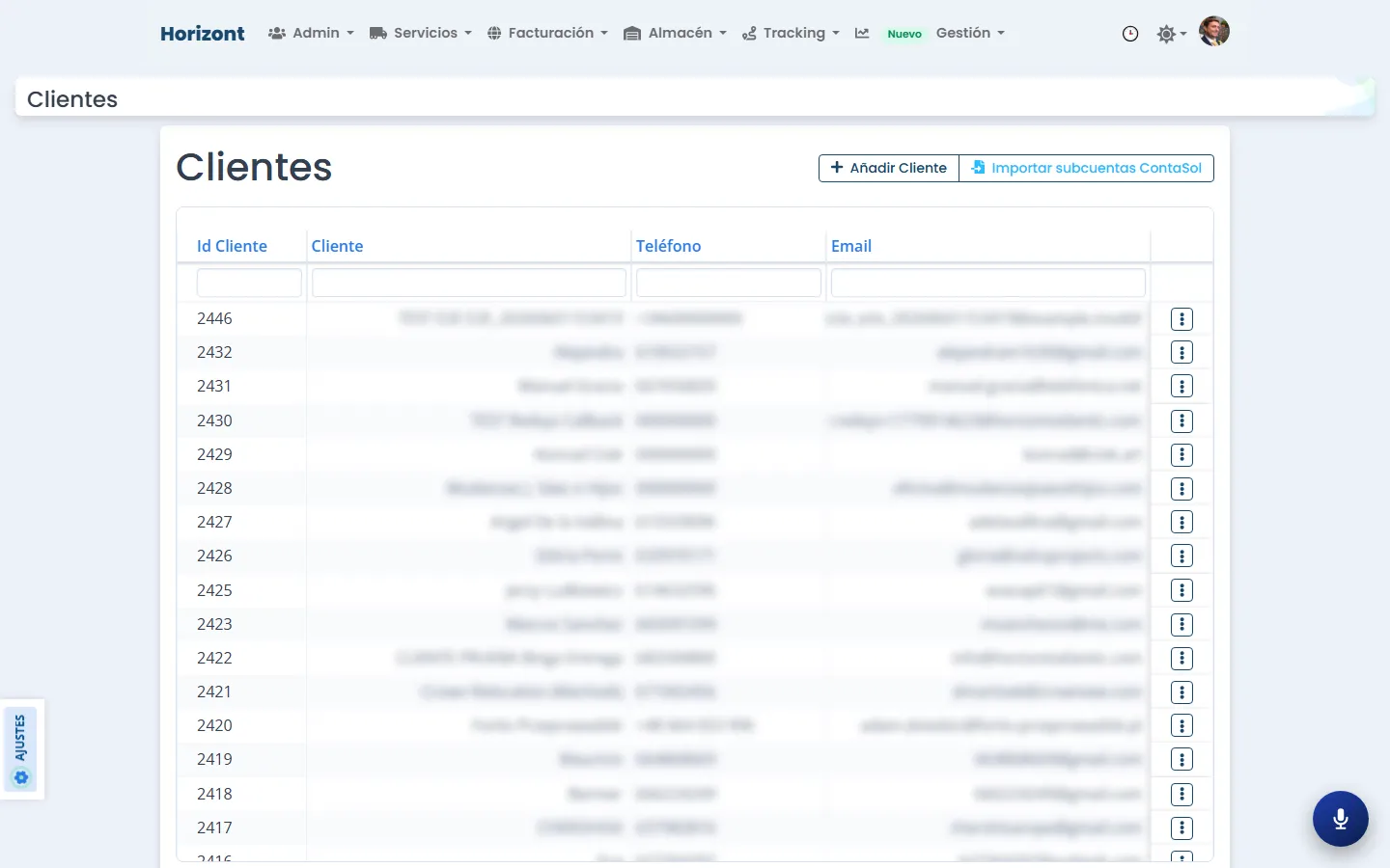 Listado de clientes del CRM de mudanzas