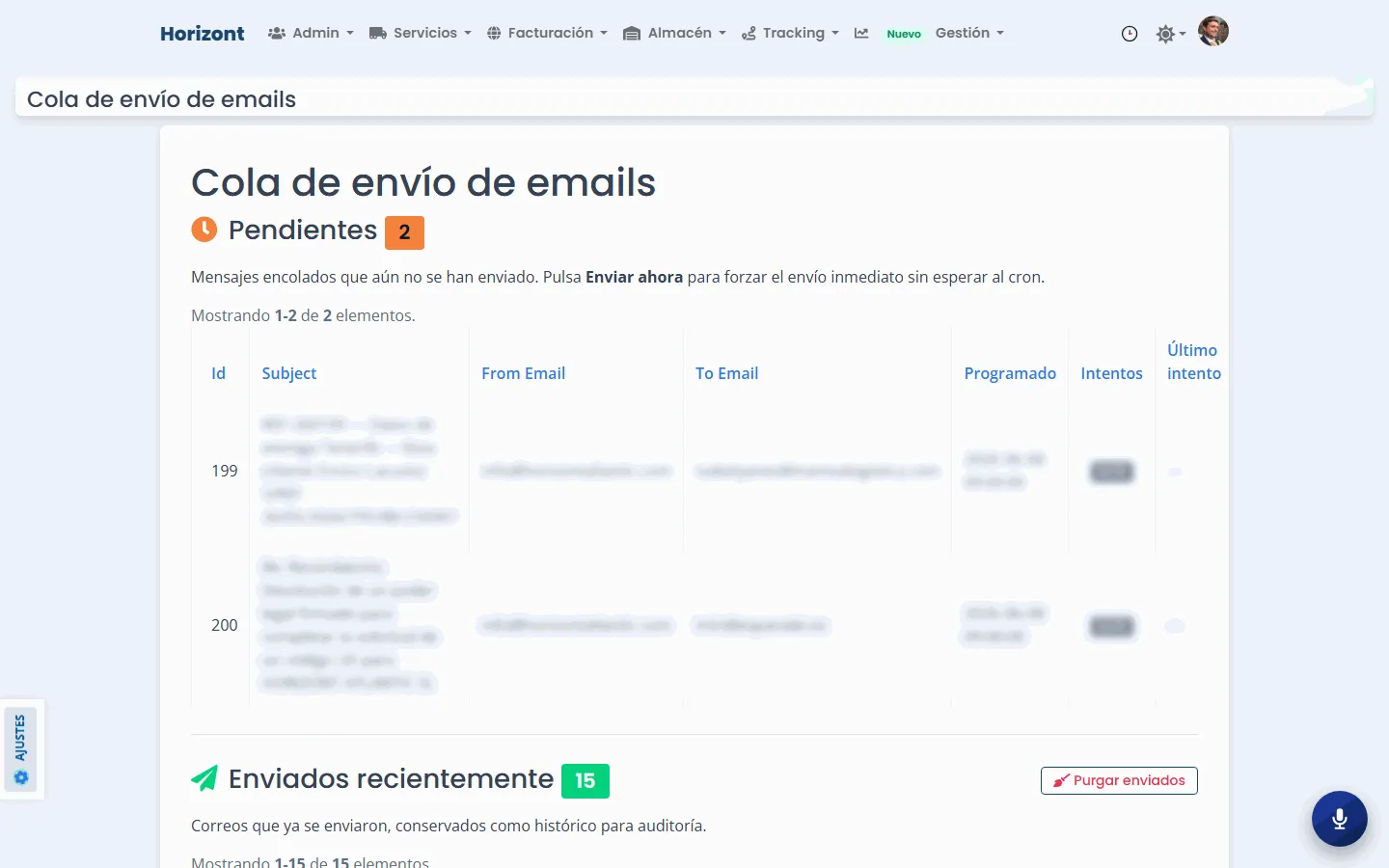 Cola de envío de emails del CRM
