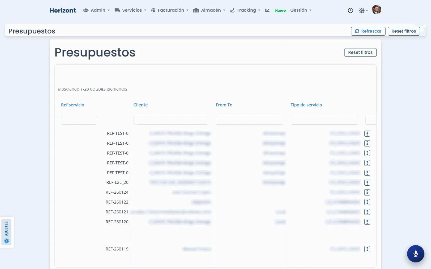 Listado de presupuestos del CRM con filtros por referencia, cliente, origen-destino y tipo de servicio